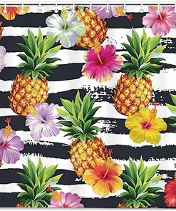 Shower Curtain with Plant Fruit Hawaiian Pattern Pineapples & Hibiscus Flowers for Bathroom Decor