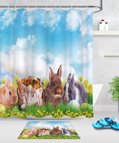 Sky Blue Green Grass Easter Rabbit Shower Curtain Bathroom Decor