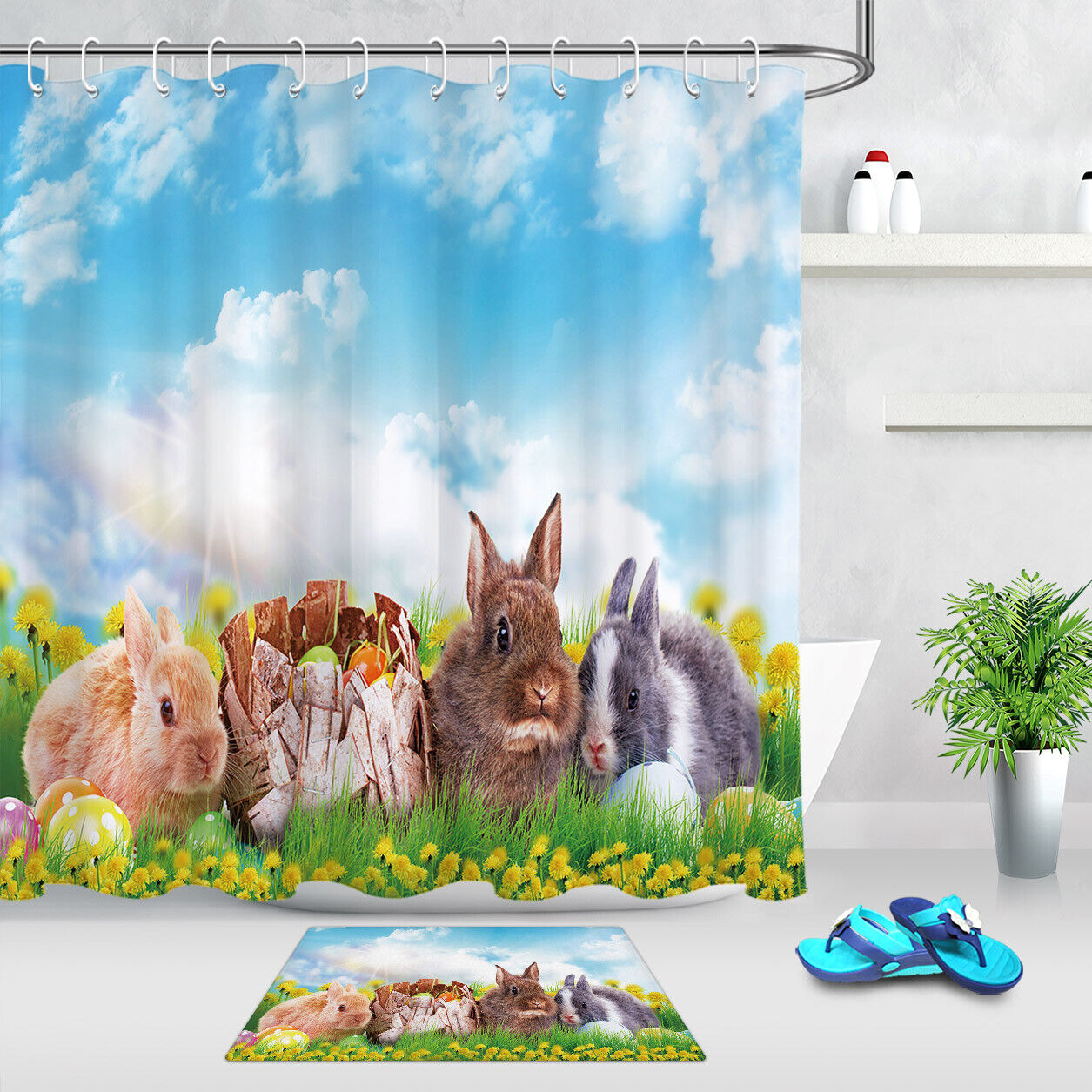 Sky Blue Green Grass Easter Rabbit Shower Curtain Bathroom Decor
