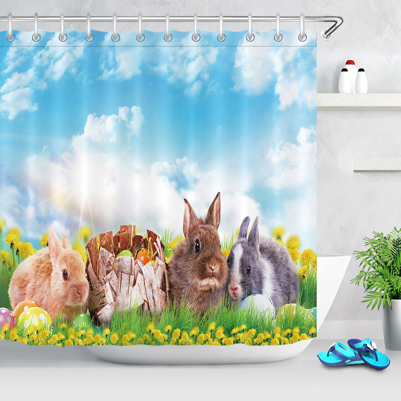 Sky Blue Green Grass Easter Rabbit Shower Curtain Bathroom Decor - Image 2