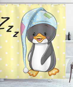 Sleepy Baby Penguin Shower Curtain, Happy Dream Cartoon Art in Yellow White Bathroom Decor, 75 Long