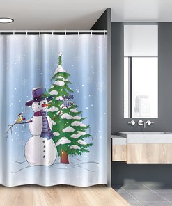 Snowman Christmas Stall Shower Curtain, Mistletoe Present Top Hat and Scarf Tree and Bird Print in Green Blue, Fabric Bathroom Decor