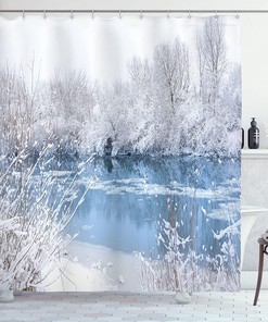 Snowy Winter Trees Shower Curtain, Frozen Lake and Snowy Trees, Cloth Bathroom Decor W, Pale Blue and White