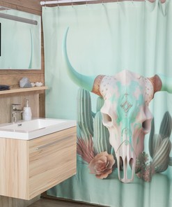 Southwest Cow Skull Boho Shower Curtain, Steer Skull and Pastel Green Nature Print, Refreshing Bathroom Gift
