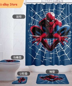 Spiderman Blue Bathroom Shower Curtain with Foot Mat - Kids and Bathroom Decor