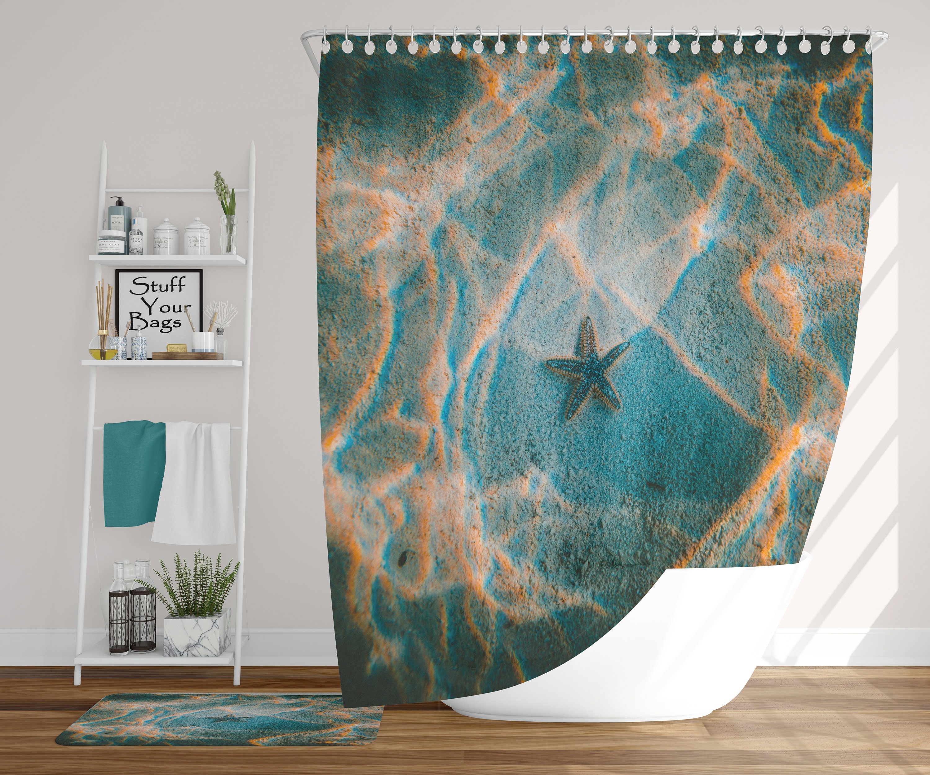 Starfish Pattern Print Bathroom Shower Curtain