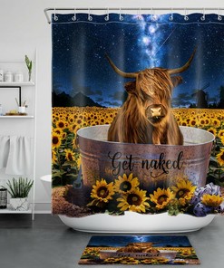 Starry Sky Highland Cow Sunflower Shower Curtain for a Playful Bathroom