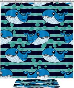 Stripes Pattern Shower Curtain - Cute Dolphins Design, Waterproof Fabric, Bathroom Decor