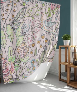 Summer Floral and Bird Shower Curtain Set with Bathroom Mat - Home Bath Decor