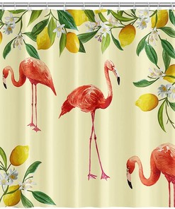 Summer Lemon and Leaves Flamingo Shower Curtain for Bathroom Decor