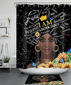 Sunflower Black Shower Curtain Featuring African American Woman for Bathroom Decor