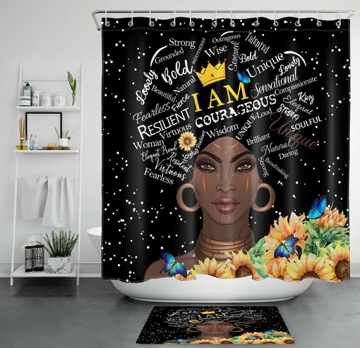 Sunflower Black Shower Curtain Featuring African American Woman for Bathroom Decor