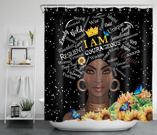 Sunflower Black Shower Curtain Featuring African American Woman for Bathroom Decor - Image 2