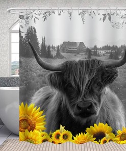 Sunflower Bull Shower Curtain, Highland Cow Farmhouse Bathroom Decor
