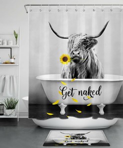 Sunflower Funny Words Shower Curtain, Highland Cow Bathroom Accessory