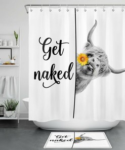 Sunflower Get Naked Shower Curtain, Funny Highland Cow Bathroom Accessory
