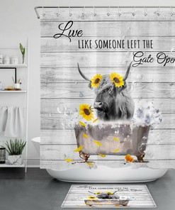 Sunflower Highland Cow Shower Curtain for a Warm and Sunny Bathroom