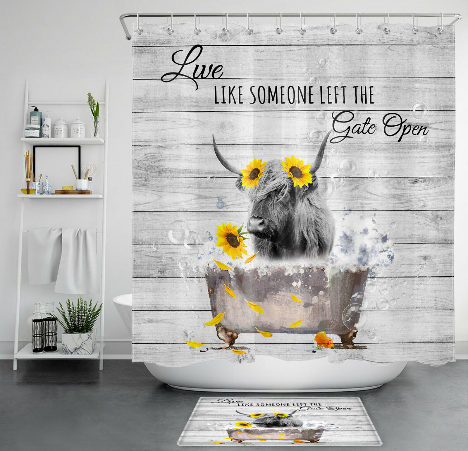 Sunflower Highland Cow Shower Curtain for a Warm and Sunny Bathroom