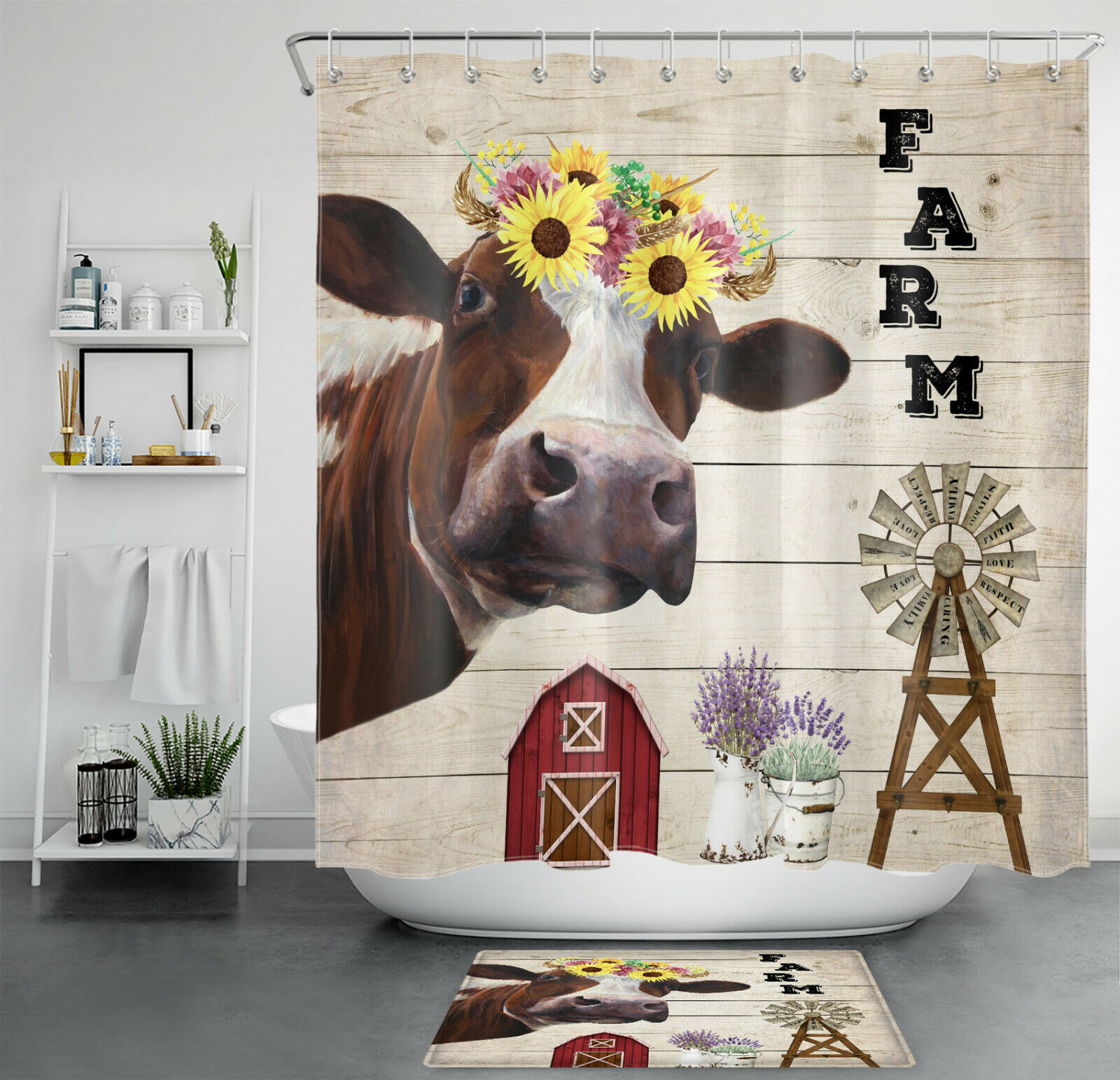 Sunflower Modern Farmhouse Funny Cow Shower Curtain for Bathroom Accessory and Home Decor