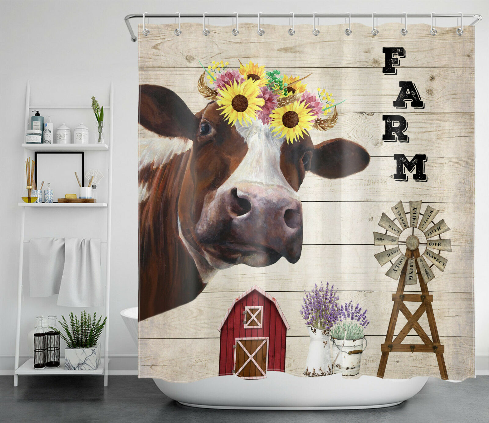 Sunflower Modern Farmhouse Funny Cow Shower Curtain for Bathroom Accessory and Home Decor - Image 2