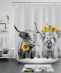 Sunflower Plant Floral Highland Cow Shower Curtain for a Sunny and Charming Bathroom