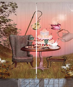 Surreal Alice in Wonderland Curtains, Birthday Cake and Butterfly Cartoon Art, Living Room Decor