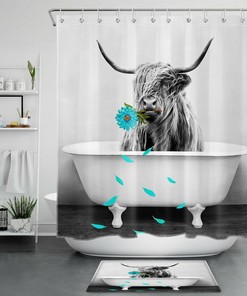 Teal Flower Rustic Highland Cow Shower Curtain for a Chic and Fun Bathroom