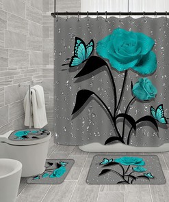 Teal Gray Rose Shower Curtain with Raindrops Bath Mat and Non-Slip Cover for a Chic Bathroom Decor