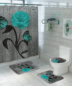 Teal Rose Flower & Butterfly Shower Curtain Set for Floral Bathroom Decor