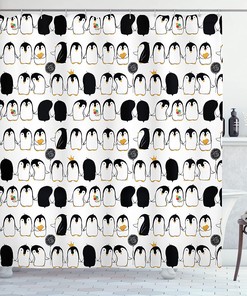 Themed Cartoon Arctic Animals Holding Hands Penguins Shower Curtain Bathroom Decor