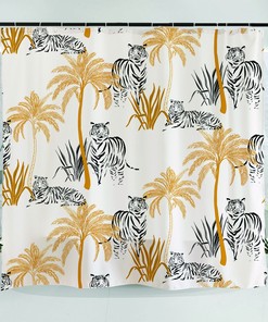 Tiger Palm Tree Shower Curtain, Black and Gold Waterproof Fabric Bathroom Decor