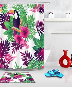 Toucan Flamingo Shower Curtain Tropical Leaves Exotic Flowers Bathroom Decor