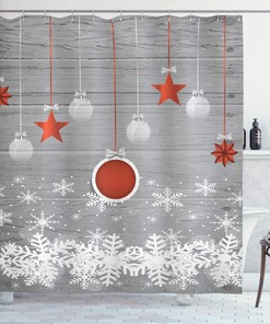 Traditional Christmas Shower Curtain, Pendant Stars Baubles Ornate Snowflakes Print in Grey Red White Bathroom Decor