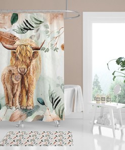 Tribal Feathers Shower Curtain, Highland Cow Bathroom Accessory for Kids Room