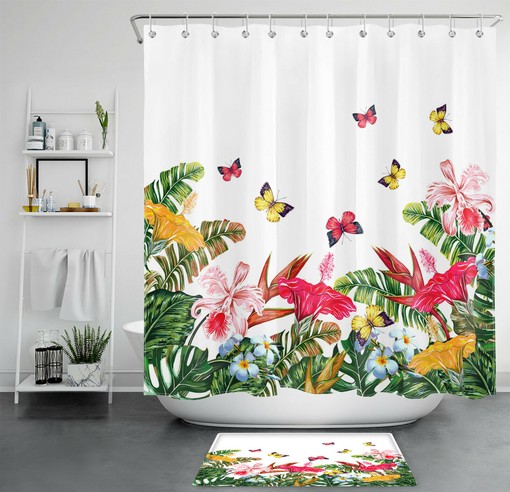 Tropical Butterfly Floral Shower Curtain - Botanical Bathroom Decor