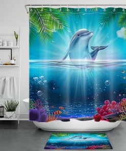 Tropical Dolphin Shower Curtain, Palm Leaves Ocean Bathroom Decor