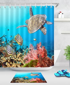 Tropical Fishes and Turtle Shower Curtain Underwater Bathroom Decor