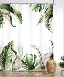 Tropical Leaf Shower Curtain for Bathroom, Boho Sage Green Plant Palm Leaves Art Home Decor