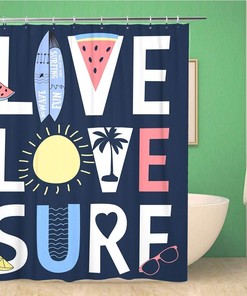 Tropical Live Love Surf Slogan Shower Curtain, Waterproof Fabric, Home and Bathroom Decor