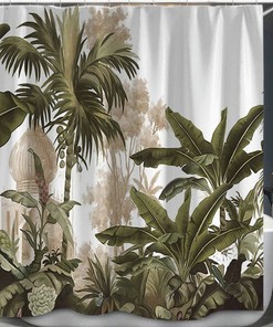 Tropical Plants Decor Jungle Green Banana Leaves Shower Curtain - Custom Watercolor Fabric Bathroom Curtain Set