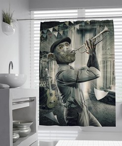 Trumpet-Playing Monkey Shower Curtain - Rustic Bathroom Decor