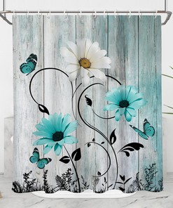 Turquoise Shower Curtain with Wood Butterfly Daisy Rustic Blue Floral Flower Farmhouse Wooden Design - Perfect for Retro Bathroom Decor