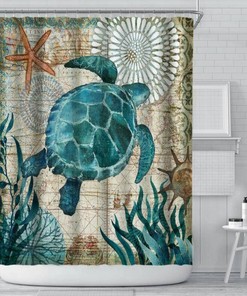 Turtle and Starfish Shower Curtain with Abstract Art - Bathroom Decor