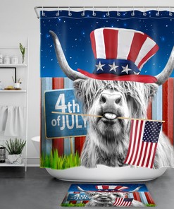 US Flag Independence Day Shower Curtain, Highland Cow Bathroom Accessory