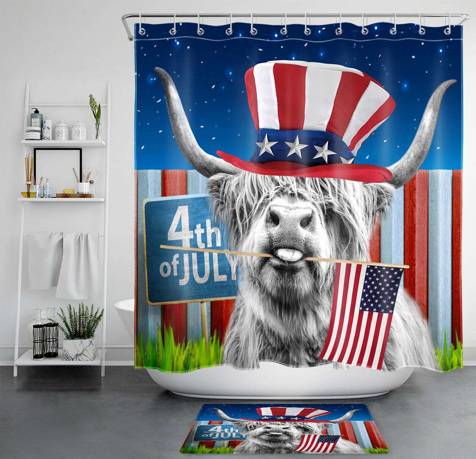 US Flag Independence Day Shower Curtain, Highland Cow Bathroom Accessory