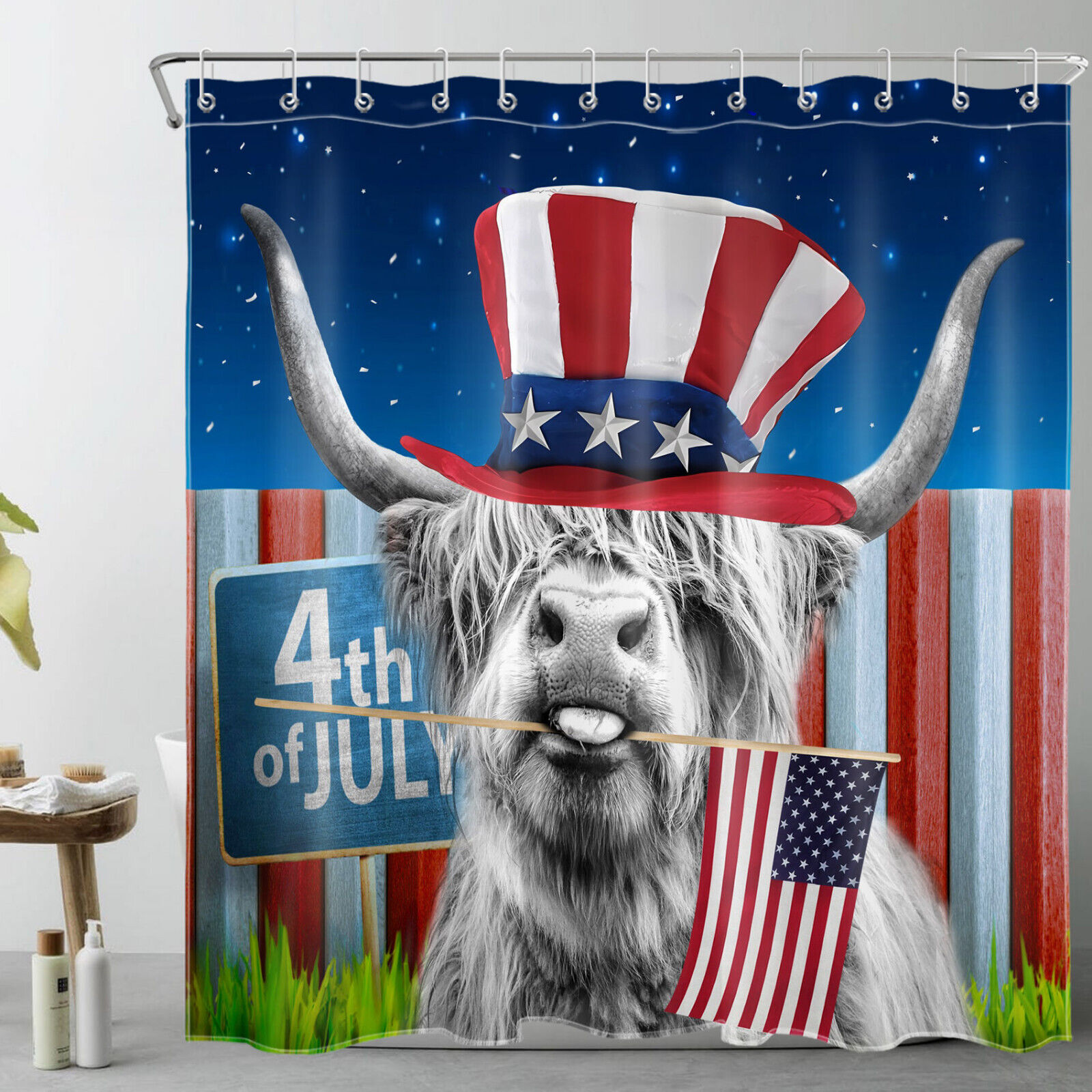 US Flag Independence Day Shower Curtain, Highland Cow Bathroom Accessory - Image 2