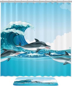 Under The Ocean Shower Curtain - Cute Dolphins Swimming Design, Waterproof, Bathroom Curtain