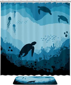 Underwater Blue Turtle Bathroom Shower Curtain - Waterproof Fabric