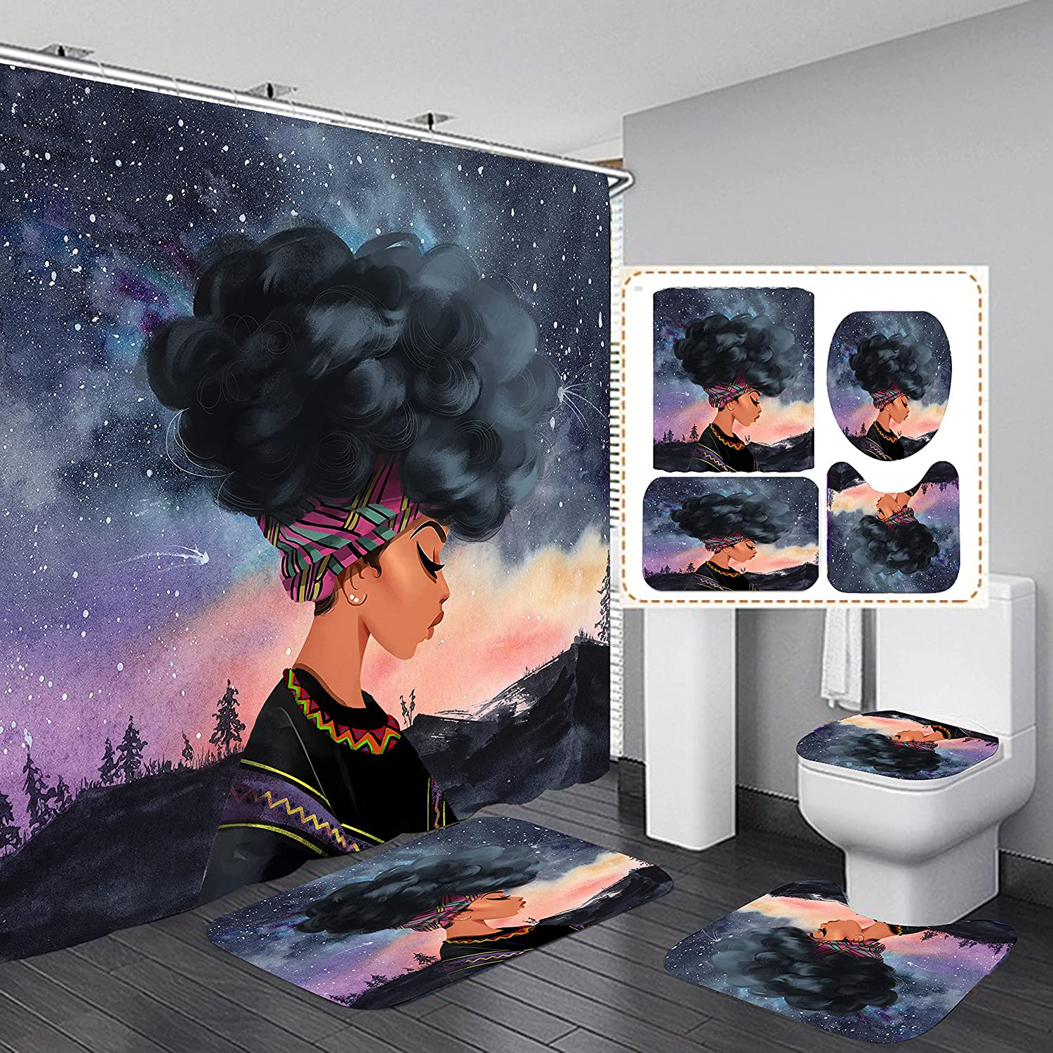 Vibrant African American Women Shower Curtain Set with Toilets and Lid Cover for a Bold Bathroom Decor