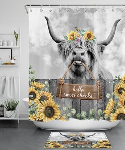 Vintage Cow Plant Sunflower Highland Shower Curtain for Bathroom Decor